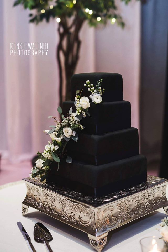 Black Fondant Covered Cake with Fresh Flowers - photo credit - Kensie Wallner - cake made by Nichole's Fine Pastry, Fargo, ND